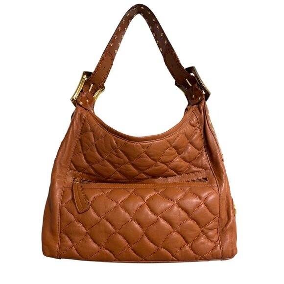 Chi Carlos Falchi Quilted Brown Leather Shoulder Bag Gold-Studded Strap Buckle - Picture 3 of 8